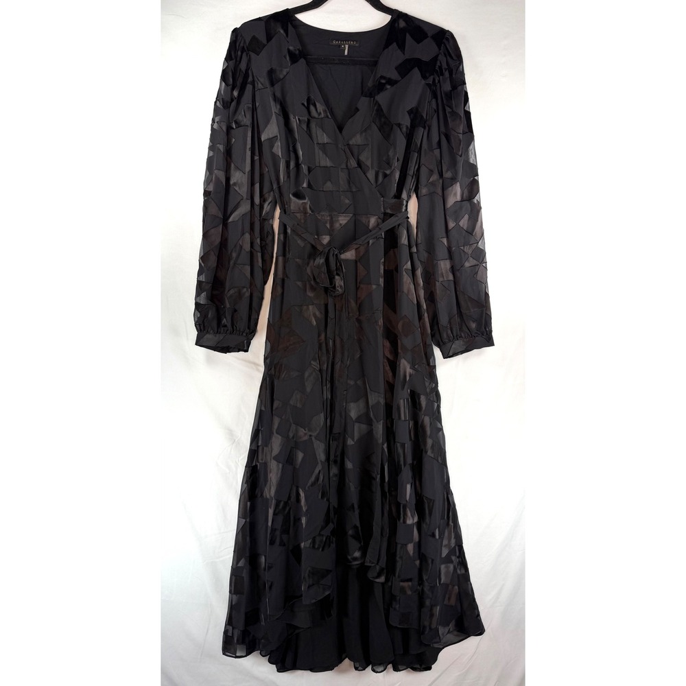 Caballero Black Geometric Burnout Velvet Wrap High Low Midi Dress Womens Medium